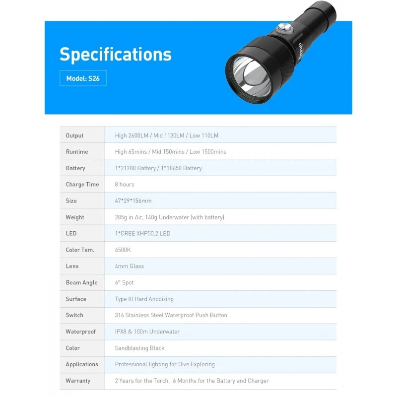 S26 Phare De Plongée 2600 Lumen - Divepro 8 S26 Phare De Plongée 2600 Lumen - Divepro – Image 8